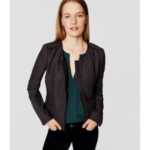 LOFT Tweed‎ Fringed Blazer Jacket Gray Red Jacket Sz 16 Zip Front